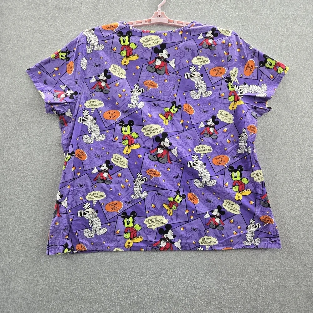 Disney Women Scrub Top‎ 2X Purple Graphic Print Mickey Mouse Halloween Logo